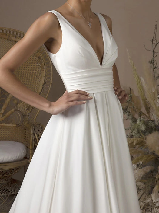 Hall Simple Wedding Dresses A-Line V Neck Sleeveless Sweep / Brush Train Satin Bridal Gowns With Pleats 2024