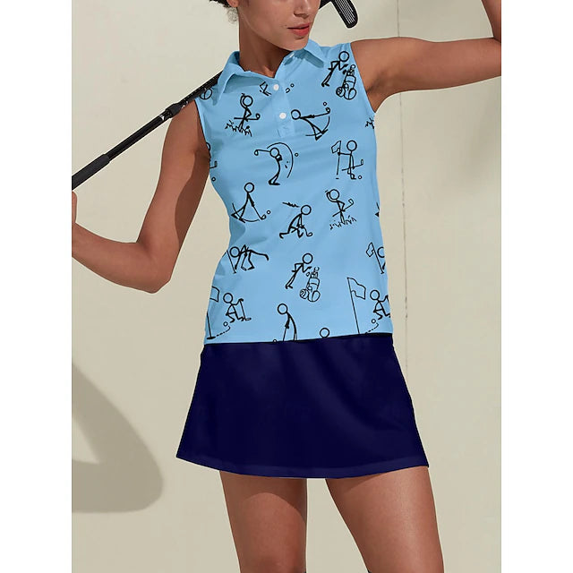 Women's Golf Polo Shirt Blue Sleeveless Top Cartoon Ladies Golf Attire
