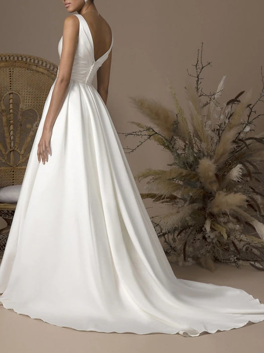 Hall Simple Wedding Dresses A-Line V Neck Sleeveless Sweep / Brush Train Satin Bridal Gowns With Pleats 2024