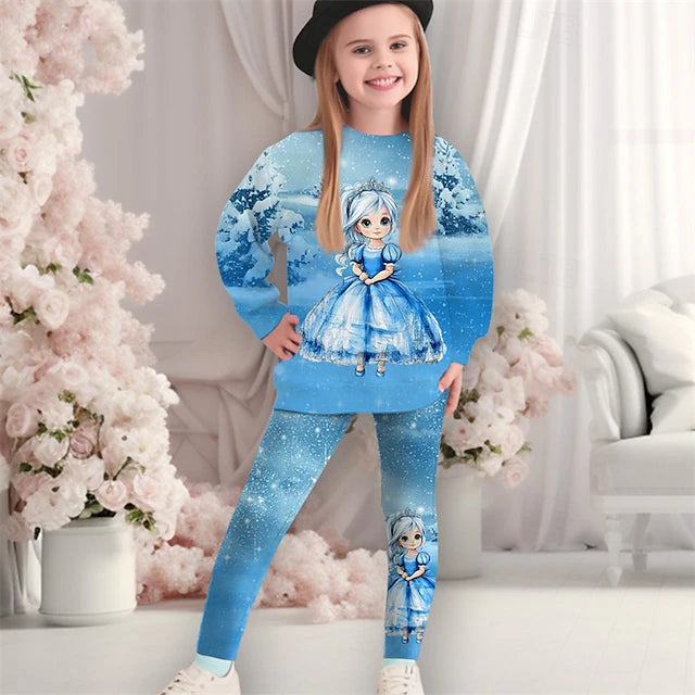 Girls' 3D Graphic Cartoon Snowflake Christmas Sets Sports Suit Tracksuits Long Sleeve