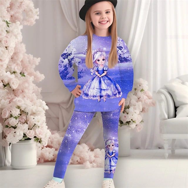 Girls' 3D Graphic Cartoon Snowflake Christmas Sets Sports Suit Tracksuits Long Sleeve