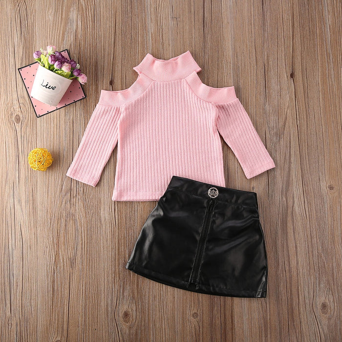 2 Pieces Kids Girls' Solid Color Skirt & Sweater Set Long Sleeve Fashion Outdoor 7-13 Years Fall Pink