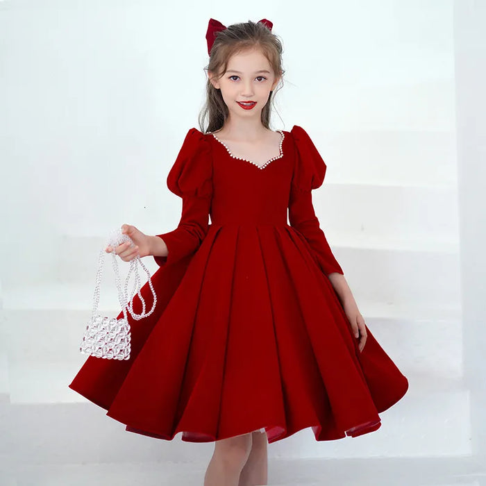 Kids Girls' Party Dress Solid Color Long Sleeve Performance Mesh Puff Sleeve Princess Sweet