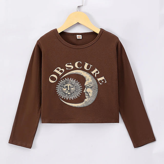 Kids Girls' T shirt Letter Outdoor Long Sleeve Crewneck Daily 7-13 Years Fall Brown