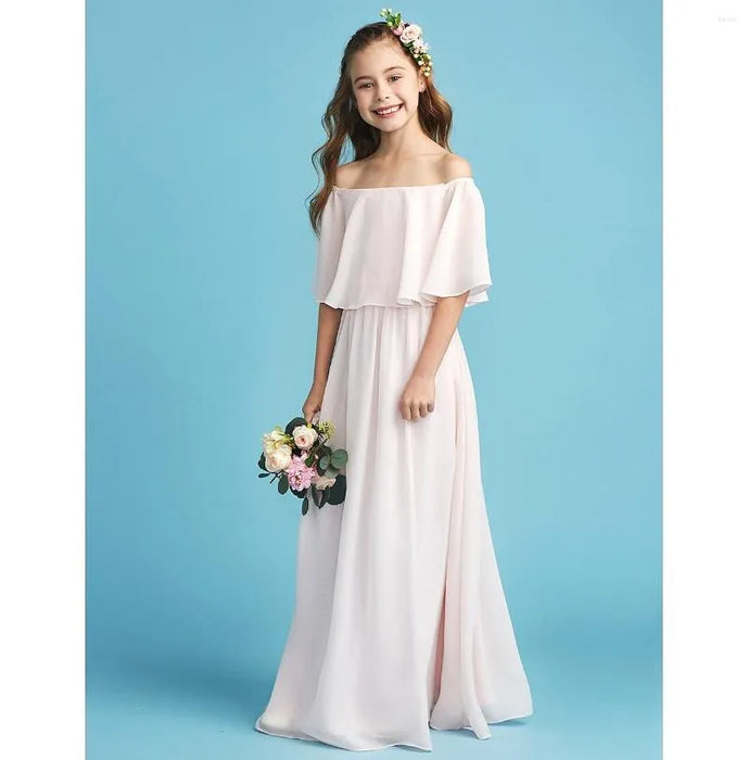 A-Line Floor Length Off Shoulder Chiffon Junior Bridesmaid Dresses&Gowns