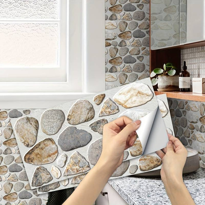 6pcs Stone Wooden Pattern Wall Panels, Stone Peel And Stick Wall Tile Sticker, Kitchen Self-adhesive