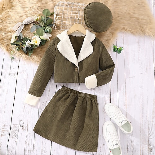 3 Pieces Kids Girls' Solid Color Button Skirt & Coat Set Long Sleeve Daily Outdoor 7-13 Years Fall Green