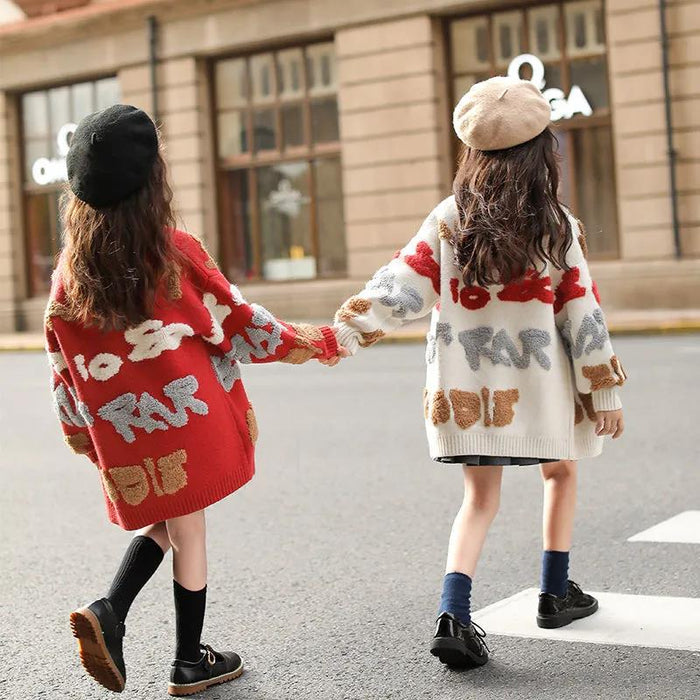 Kids Girls' Cardigan Letter School Long Sleeve Button Active 7-13 Years Spring off white Red
