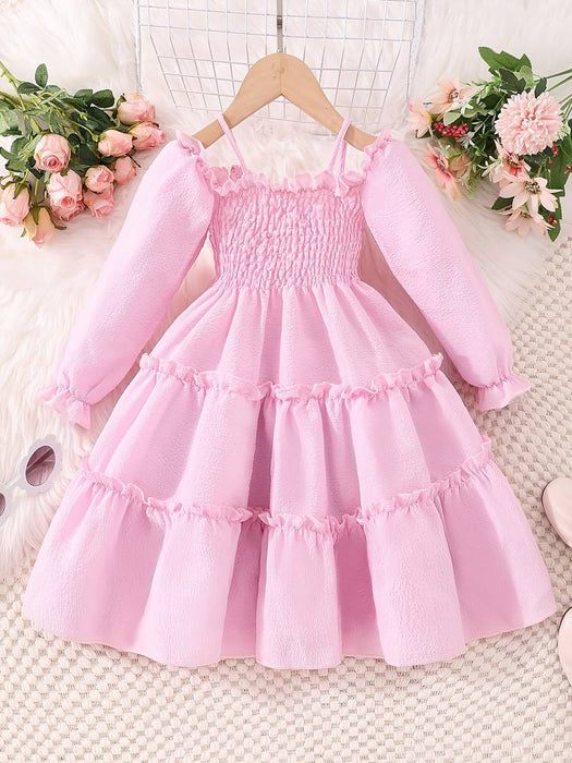 Toddler Girls' Dress Solid Color Long Sleeve Outdoor Pleated Ruffle Vacation Fashion