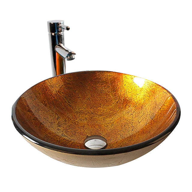 Round Artistic Vanity Basin Sink Bathroom Vessel Tempered Glass Bowl 16.5 inch, Art Wash Basin Mixer Faucet Set