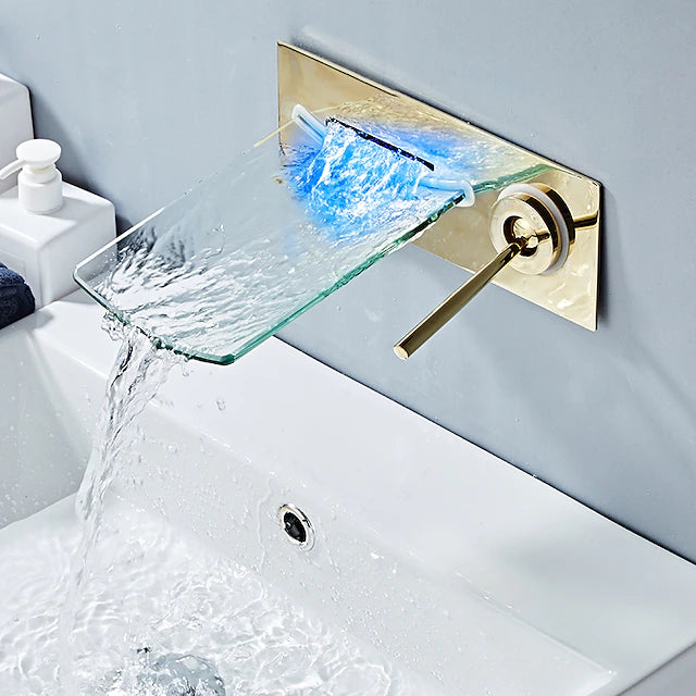 Wall Mounted Bathroom Sink Faucet,Single Handle Two Holes LED Waterfall Contemporary
