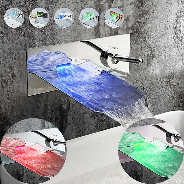 Wall Mounted Bathroom Sink Faucet,Single Handle Two Holes LED Waterfall Contemporary