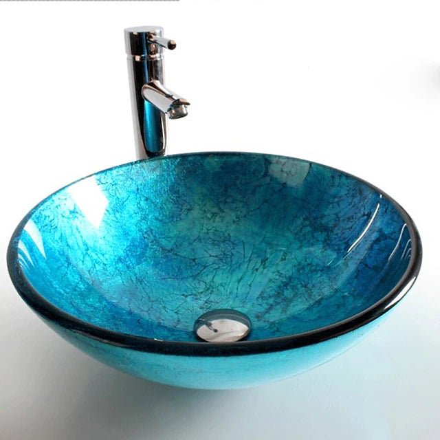 Round Artistic Vanity Basin Sink Bathroom Vessel Tempered Glass Bowl 16.5 inch, Art Wash Basin Mixer Faucet Set