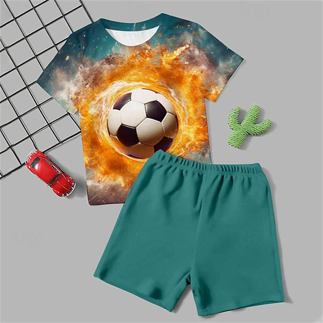 Boys 3D Football Tee & Pants Pajama Set Short Sleeve 3D Print Summer Active