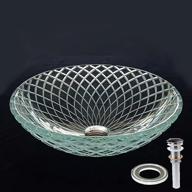Round Basin Sink 16.5 inches, Tempered Glass Crystal Vessel Sink with Pop Up Drain and Mounting Ring,