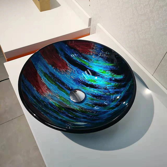 Red and Blue Color Tree Grain Round Basin Tempered Glass Wash Basin Without Faucet