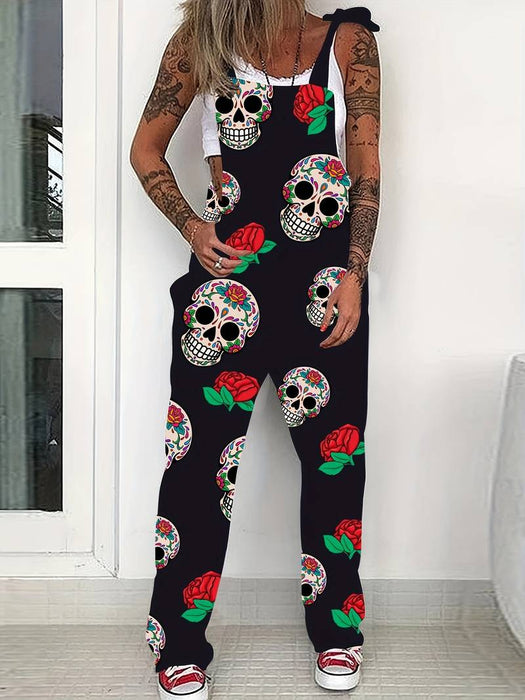 Women's Overall Halloween Skeleton Pocket Print Floral Square Neck Streetwear