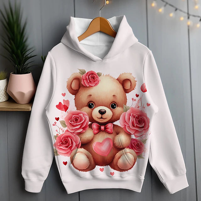 Girls' 3D Cartoon Bear Hoodie Pullover Pink Long Sleeve 3D Print Spring Fall Active Fashion Cute Polyester