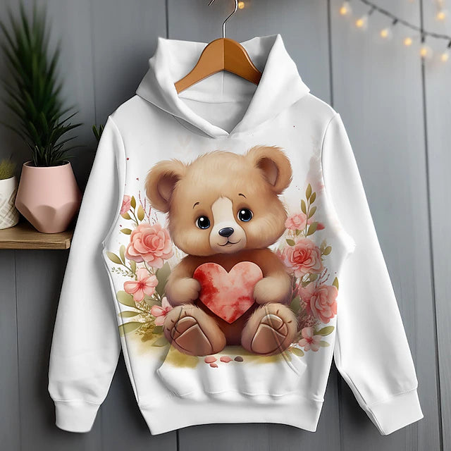 Girls' 3D Cartoon Bear Hoodie Pullover Pink Long Sleeve 3D Print Spring Fall Active Fashion Cute Polyester