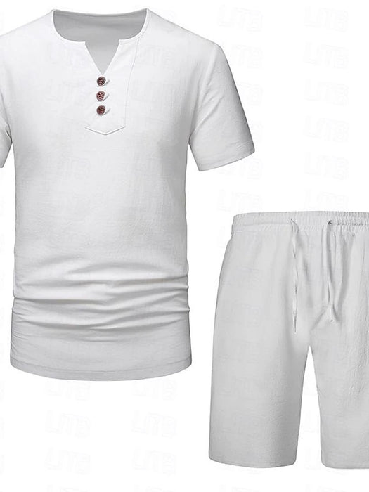 Men's T-shirt Suits 2 Pieces Outfits Tee & Shorts Plain V Neck Daily Wear Vacation Short Sleeve