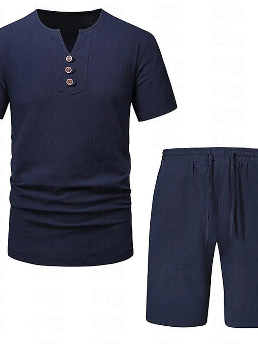 Men's T-shirt Suits 2 Pieces Outfits Tee & Shorts Plain V Neck Daily Wear Vacation Short Sleeve