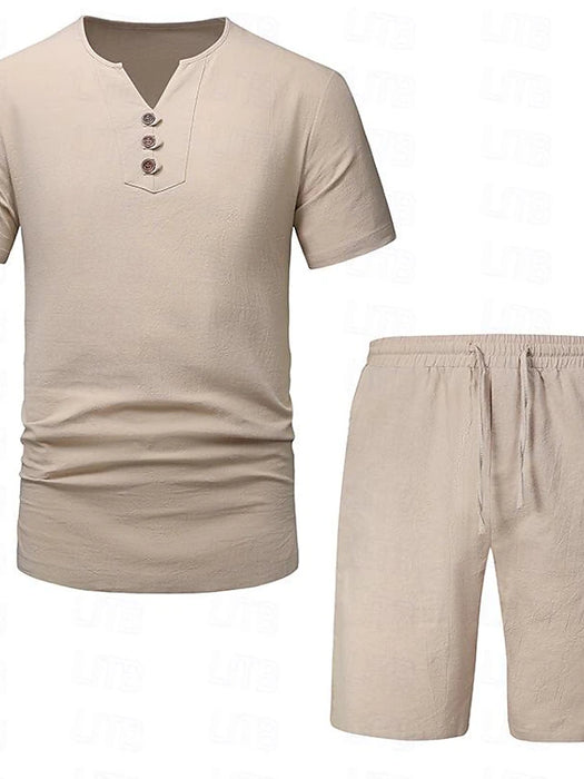 Men's T-shirt Suits 2 Pieces Outfits Tee & Shorts Plain V Neck Daily Wear Vacation Short Sleeve