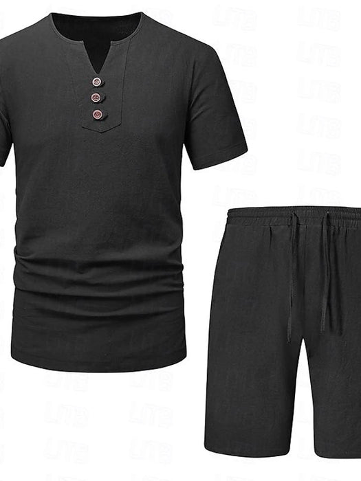 Men's T-shirt Suits 2 Pieces Outfits Tee & Shorts Plain V Neck Daily Wear Vacation Short Sleeve