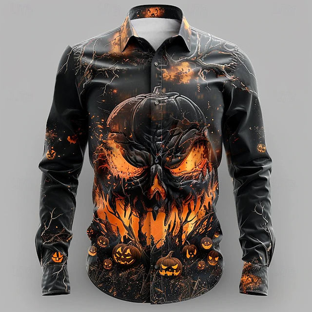 Halloween Pumpkin Grimace Casual Dark Men's Shirt Button Up Shirt Long Sleeve