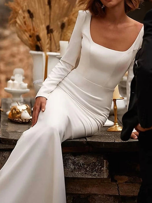 Reception Open Back Royal Style Simple Wedding Dresses Mermaid / Trumpet Square Neck Long Sleeve Court Train Satin Bridal Gowns With Solid Color