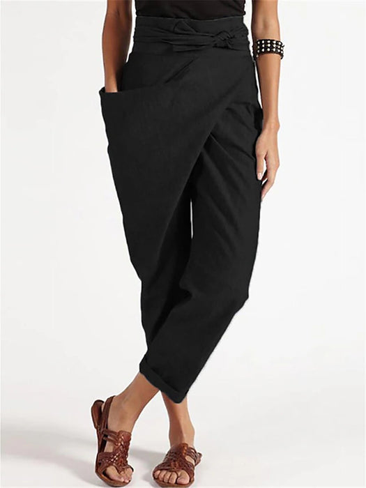 Women's Cotton Loungewear Pants High Waist Irregular Lace-Up Cropped Pants Solid Fashion