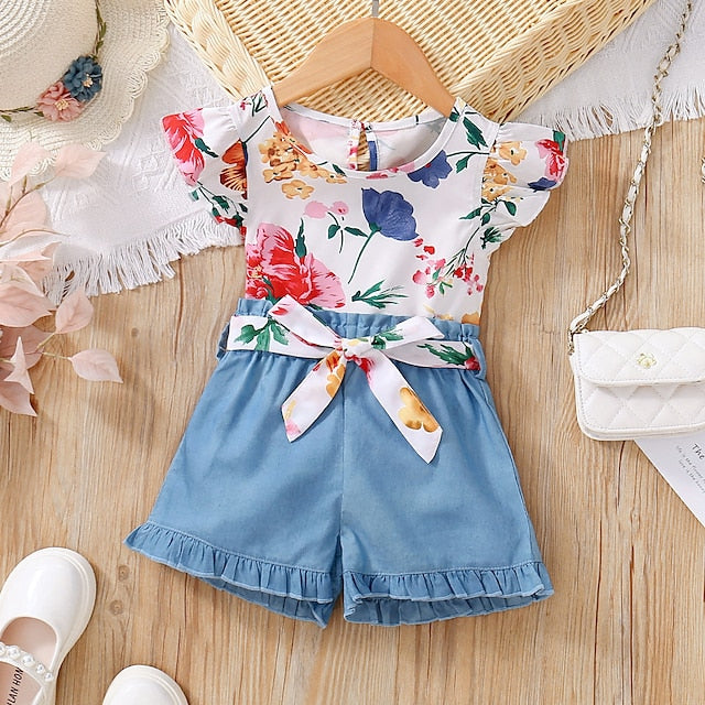 2 Pieces Kids Girls' Cartoon Shorts Suit Set Short Sleeve Active Casual 3-7 Years Summer Blue