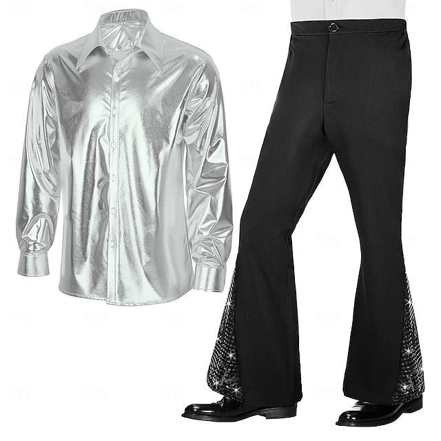 Metallic Retro Vintage 1970s Disco Outfits Shirt Bell Bottom Pants