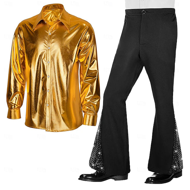 Metallic Retro Vintage 1970s Disco Outfits Shirt Bell Bottom Pants