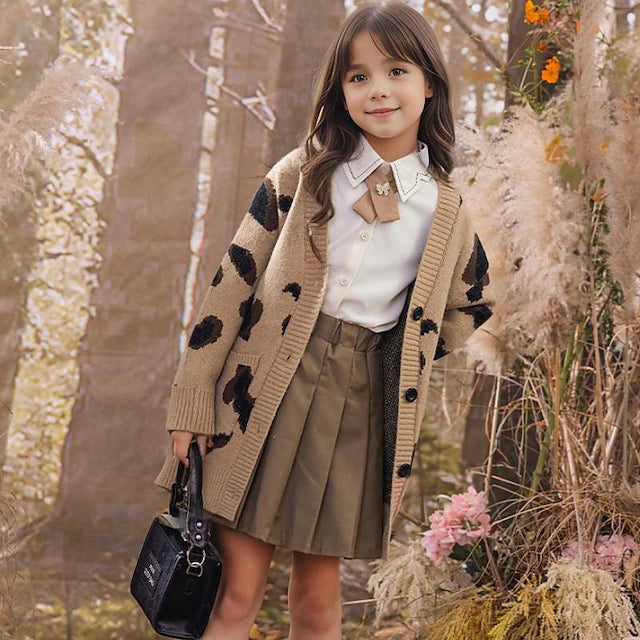 Kids Girls' Cardigan Leopard School Long Sleeve Button Active 7-13 Years Fall Khaki