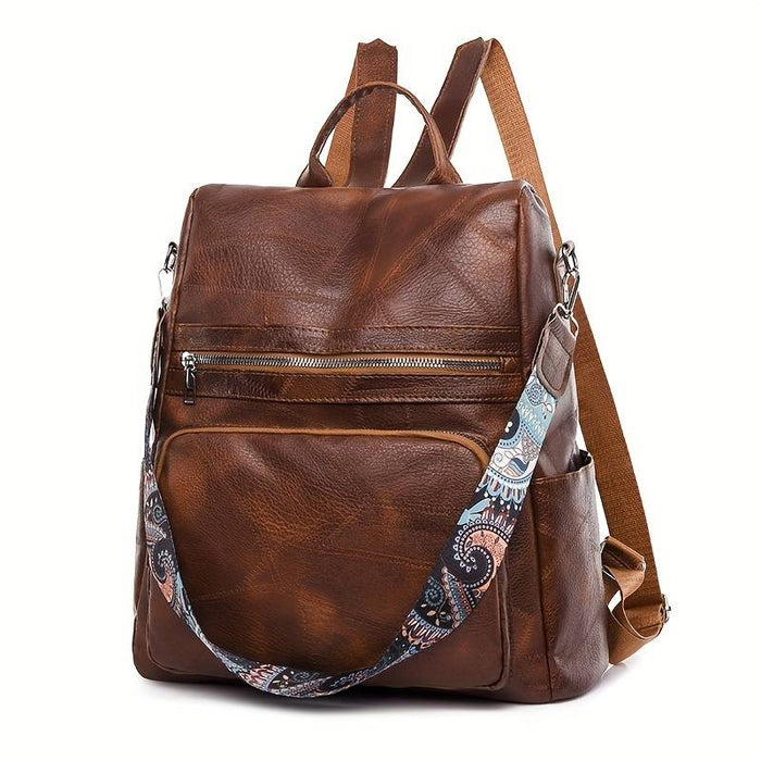 Women's Backpack Functional Backpack School Traveling Solid Color PU Leather Durable Zipper Black Brown Beige