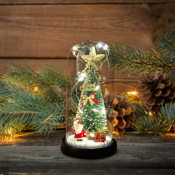 Christmas Tree in Glass Dome with Gold Treetop Stars, Xmas Tabletop Mini