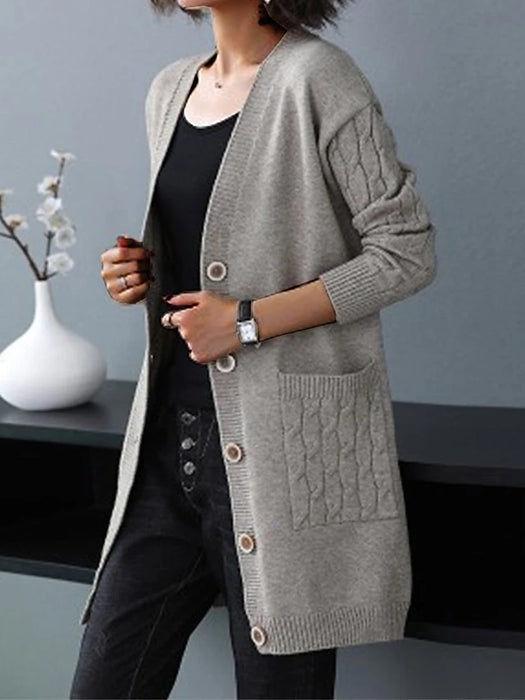 Women's Cardigan Sweater V Neck Cable Knit Knit Spandex Yarns Button Pocket Fall Winter Long