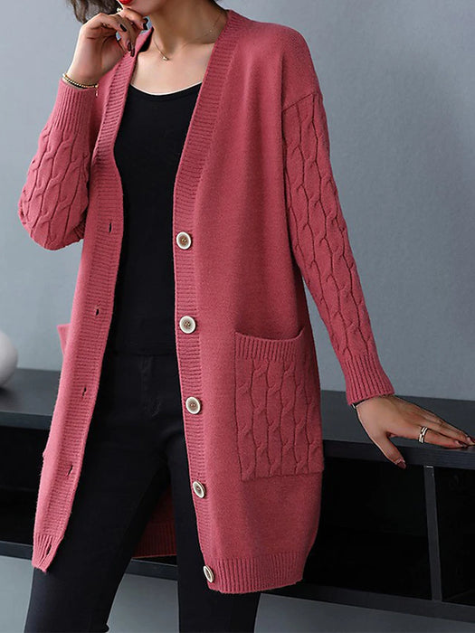 Women's Cardigan Sweater V Neck Cable Knit Knit Spandex Yarns Button Pocket Fall Winter Long