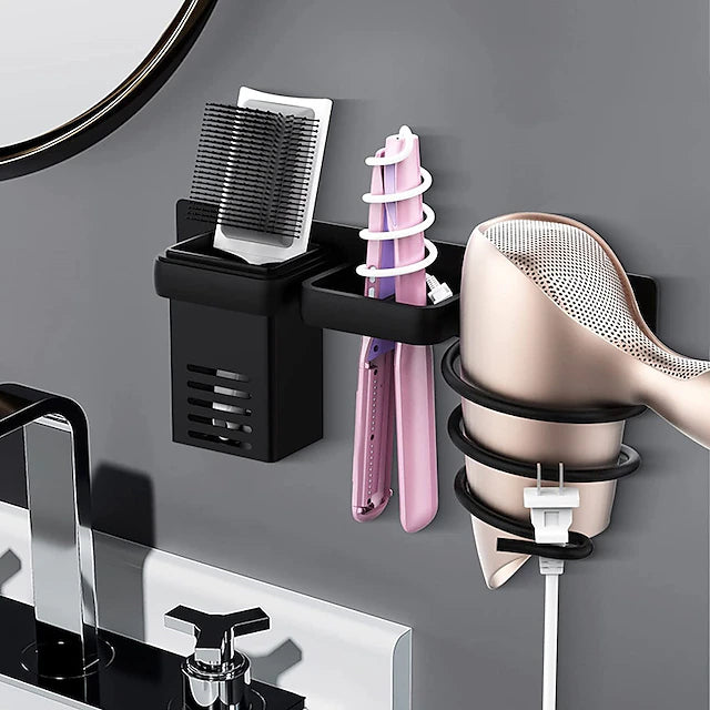 1pc Multi-Functional Wall Hanging Hair Dryer Bracket with Plug Hook and Storage Rack