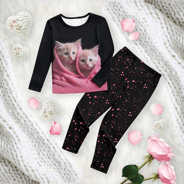 Girls' 3D Cat Pajama Set Pink Long Sleeve 3D Print Fall Winter Active Fashion Cute