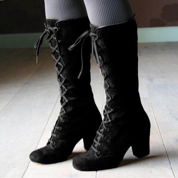 Women's Boots Mid Calf Boots Block Heel Round Toe Vintage PU Lace-up Solid Colored Black Brown Blue