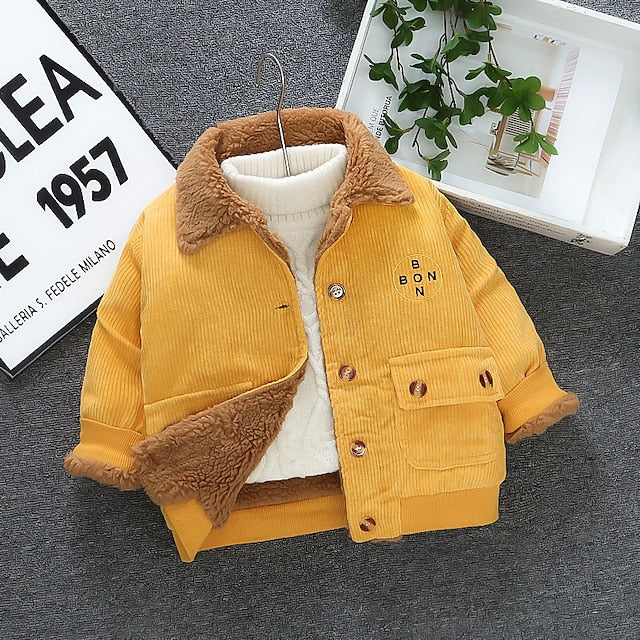 Toddler Boys Coat Outerwear Solid Color Letter Long Sleeve Button Coat Outdoor Cool Daily caramel colour Yellow Dark Green Winter 3-7 Years