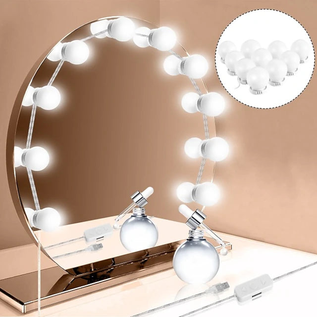 LED Makeup Vanity Lights Stick on Mirror with 10 dimmable Bulbs USB 4.6m 15ft Cable White