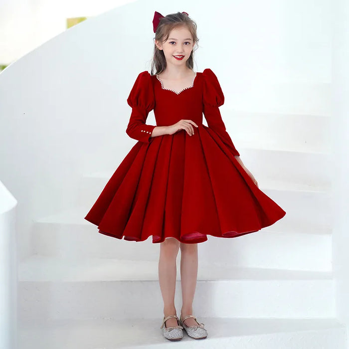 Kids Girls' Party Dress Solid Color Long Sleeve Performance Mesh Puff Sleeve Princess Sweet