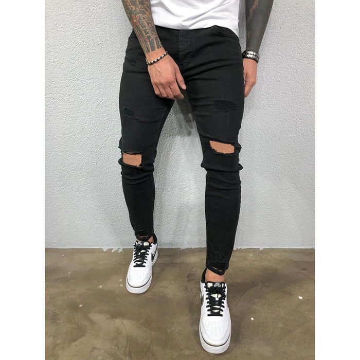 Men's Jeans Skinny Trousers Denim Pants Pocket Ripped Solid Colored Comfort Wearable