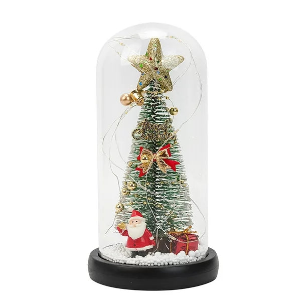 Christmas Tree in Glass Dome with Gold Treetop Stars, Xmas Tabletop Mini