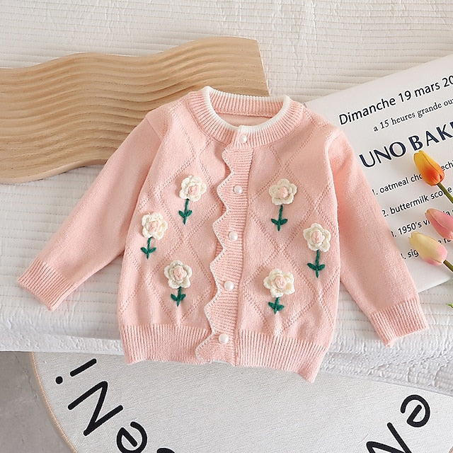 Toddler Girls' Cardigan Floral Outdoor Long Sleeve Button Fashion 3-7 Years Spring White Pink