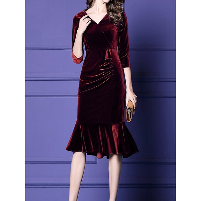 Women's Plus Size Curve Party Dress Velvet Dress Winter Dress Solid Color Midi Dress Long Sleeve