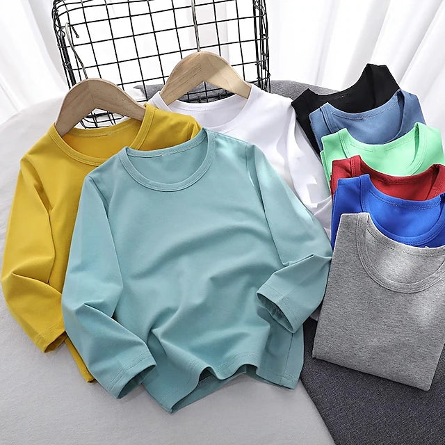 Kids Boys T shirt Tee Solid Color Long Sleeve Children Top Casual Adorable Daily Spring Fall fluorescent green 7-13 Years