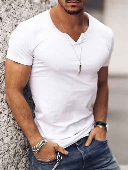 Men's T shirt Tee Plain V Neck Vacation Going out Short Sleeves Clothing